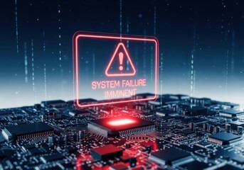 Digital abstract of a computer circuit board with a glowing red system failure imminent warning sign