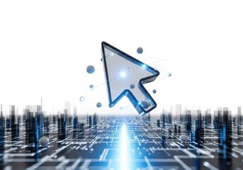 Digital cursor arrow over a futuristic cityscape with glowing blue light trails