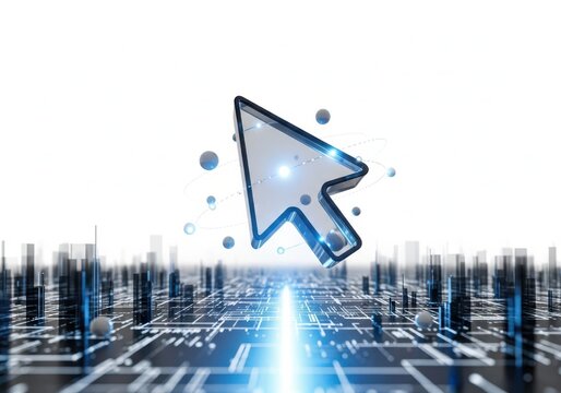 Digital cursor arrow over a futuristic cityscape with glowing blue light trails