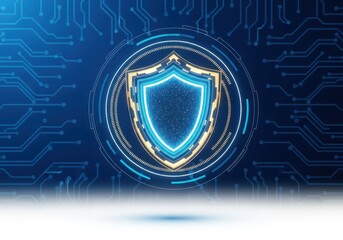 Digital shield icon with glowing blue and gold accents, symbolizing cybersecurity and data protection on a circuit board background