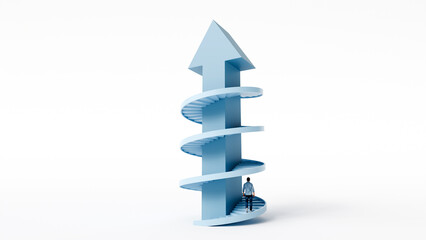 Man going up the spiral stairs around a large upward arrow, concept of personal growth and ambition, 3d render