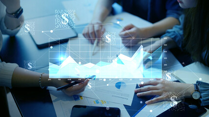 Investment stock market trading economic growth, business success, financial planning, rising data graph and dollar signs data analysis virtual statistics. financial interface showing stock growth