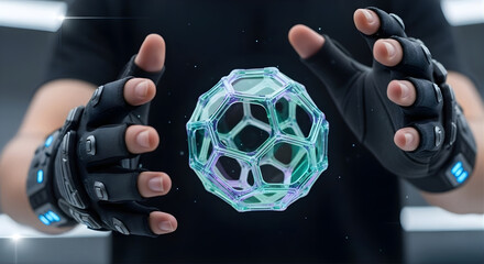Hands Wearing VR Gloves Interacting With Abstract Quantum Sphere