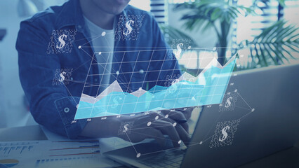Investment stock market trading economic growth, business success, financial planning, rising data graph and dollar signs data analysis virtual statistics. financial interface showing stock growth
