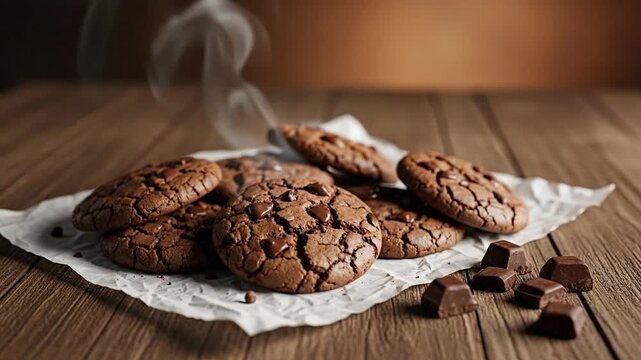 Pile of Warm Brown Chocolate Chip Cookies with Melting Chocolate on a Rustic Wooden Table Under Soft Lighting Perfect for Baking and Dessert Content with Steam Rising Up 180 char