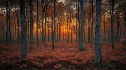 Fototapeta premium Autumn sunset in a misty forest with red ferns.