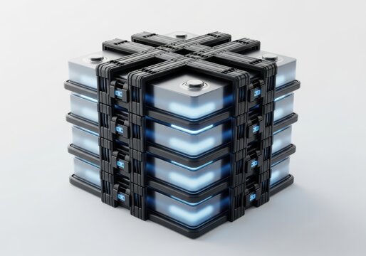 Futuristic server rack cube with glowing blue lights and black casing, data center technology concept - Powered by Adobe