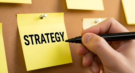 Hand Writing STRATEGY on Yellow Sticky Note Pin Board Business Planning Concept