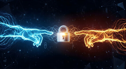 Cyber Security Concept Blue Orange Hands Reaching Padlock Digital Data Protection