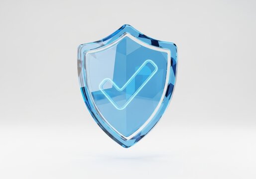 Glassy blue shield with check mark isolated on white background representing security and protection in a digital environment with soft lighting - Powered by Adobe