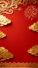 A vibrant red background adorned with golden cloud motifs and a festive fireworks display, evoking a sense of celebration and cultural richness.