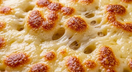 Closeup of golden bubbly baked melted cheese texture.