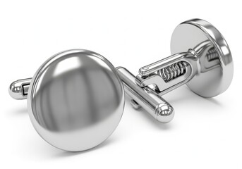 Pair of elegant silver cufflinks with a smooth, rounded design, isolated on white background