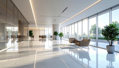 Modern Office Lobby with Polished Floors and Large Windows Showcasing Natural Light and Lush Greenery