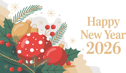 happy new year 2026 festive illustration with christmas ornaments