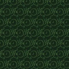 Green seamless pattern of a clock and time. Kitchen clock. Eating by the hour. Healthy eating only. Vector illustration in doodle style. Can be used on household items.