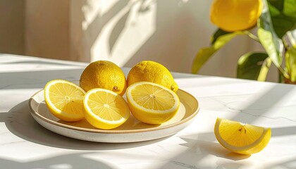 Plate Of Fresh Ripe Yellow Lemons One Cut In Half And Sliced With Green Leaves In Bright Sunlight On White Table