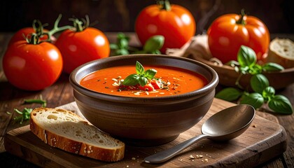 Rich Tomato Soup Served in a Rustic Bowl with Fresh Basil and Crusty Bread on a Wooden Table Detailed CloseUp Macro Shot Warm Sunlight Illuminating the Vibrant Red Color and Texture