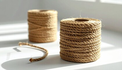 Two Rolls of Natural Jute Rope With One Loose End Illuminated By Soft Sunlight And Shadows Across A White Surface