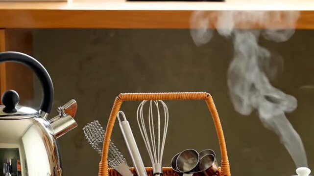 Still Life with Silver Kettle and Cooking Utensils in a Wicker Basket on Wooden Kitchen Counter with Rising Steam Close Up Kitchenware Theme 190 characters