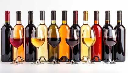 A Collection of Assorted Wine Bottles and Glasses Filled with Red and White Wine on a White Background with Studio Lighting