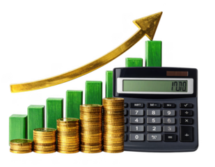 A financial growth chart showing green bars and a gold upward arrow. Stacks of gold coins and a calculator symbolize economic progress, on a transparent background.
