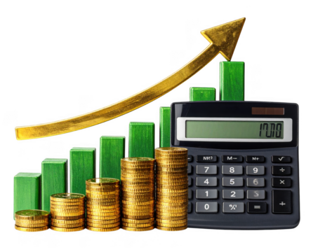 A financial growth chart showing green bars and a gold upward arrow. Stacks of gold coins and a calculator symbolize economic progress, on a transparent background.