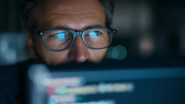 Focused man working late at night on a laptop with coding screen, creative professional environment
