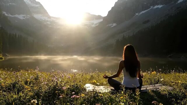 Woman Meditating in a Mountain Lake Field at Sunrise Serene Landscape for Mindfulness Spiritual Practice and Mental Wellbeing with Yoga and Tranquility Back View Meditation Scene