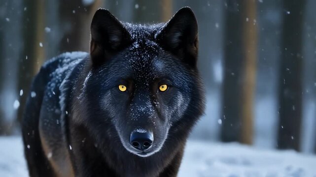 Stunning Black Wolf Portrait in Snowy Winter Landscape with Mesmerizing Yellow Eyes