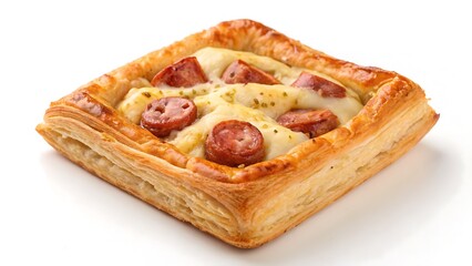 Golden puff pastry stuffed with sausage and cheese, top view on white background, perfect for bakery advertising and menu design.