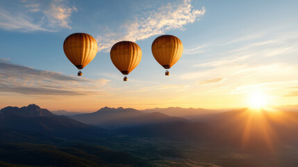 Obraz premium Hot air balloons float gracefully across tranquil morning sky, capturing beauty of dawn