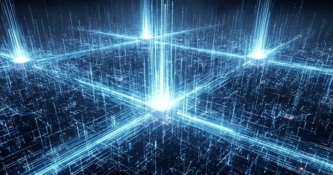 Futuristic Digital Grid: A Glowing Data Network in Motion