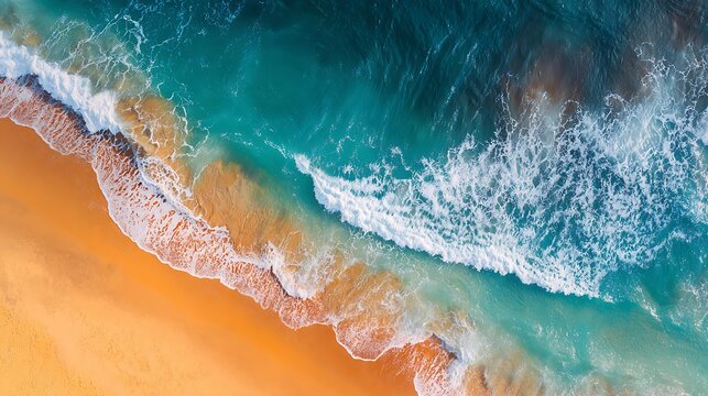 Aerial view of waves crashing on a golden sandy beach, turquoise water colors