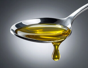 Golden Olive Oil Dripping from a Stainless Steel Spoon