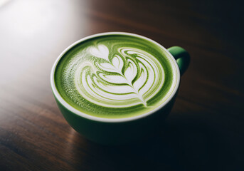 Hot Matcha Green Tea Latte with Heart Shaped Latte Art on Rustic Wooden Table 