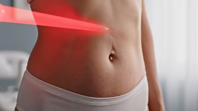 Woman Receiving Laser Therapy on Abdomen in Clinic for Skin Rejuvenation Treatment with Red Light Beam on Smooth Skin Wearing White Underwear in Bright Room Aesthetic Procedure 199 Char
