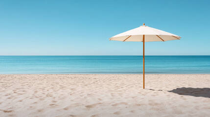 Fototapeta premium Tranquil beach scene featuring white umbrella casting shadow soft sand, with calm blue waters