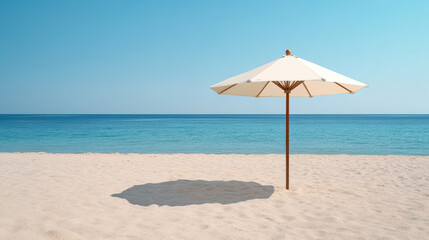 Tranquil beach scene featuring white umbrella casting long shadow soft sand, with calm blue