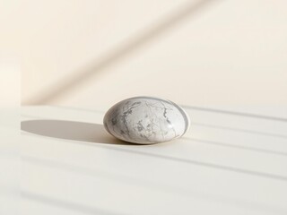 Fototapeta premium Single smooth grey and white speckled stone casting a shadow on a light surface