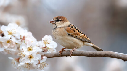 Fototapeta premium Bird perched on branch surrounded by delicate blossoms, creating peaceful atmosphere