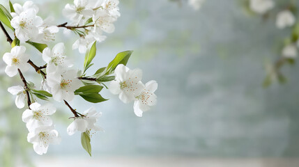 Obraz premium Blooming branches with white flowers and green leaves create tranquil spring atmosphere