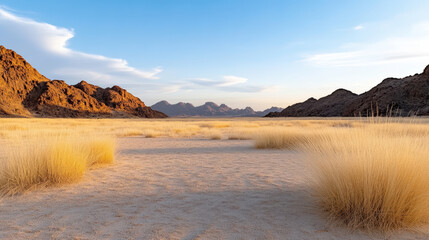 Golden grass sways gently in serene desert landscape under clear blue sky
