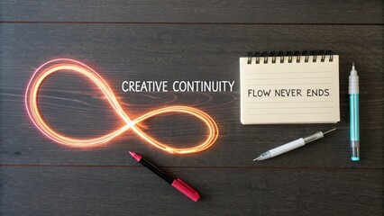 Creative Continuity Concept with Notepad and Writing Tools on Wooden Background Emphasizing Endless Flow of Ideas