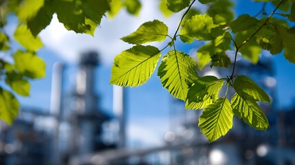 Fresh green leaves on a branch with industrial background, blue sky out of focus