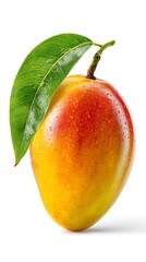 Fresh ripe mango with water droplets and leaf isolated on a white background