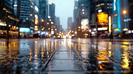 Rainy city street with reflections and bokeh lights creates peaceful, cinematic atmosphere