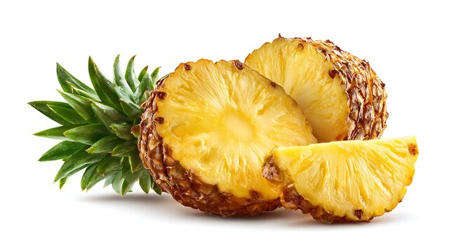 Fresh pineapple slices with green leaves, perfect fruit slices, isolated on white