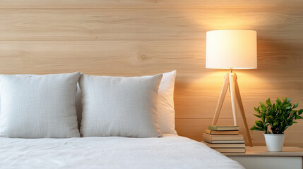 Cozy bedroom with soft pillows, warm lamp, and stacked books creating peaceful atmosphere