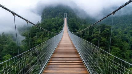 Obraz premium Misty valley bridge stretches across tranquil landscape, inviting exploration and adventure